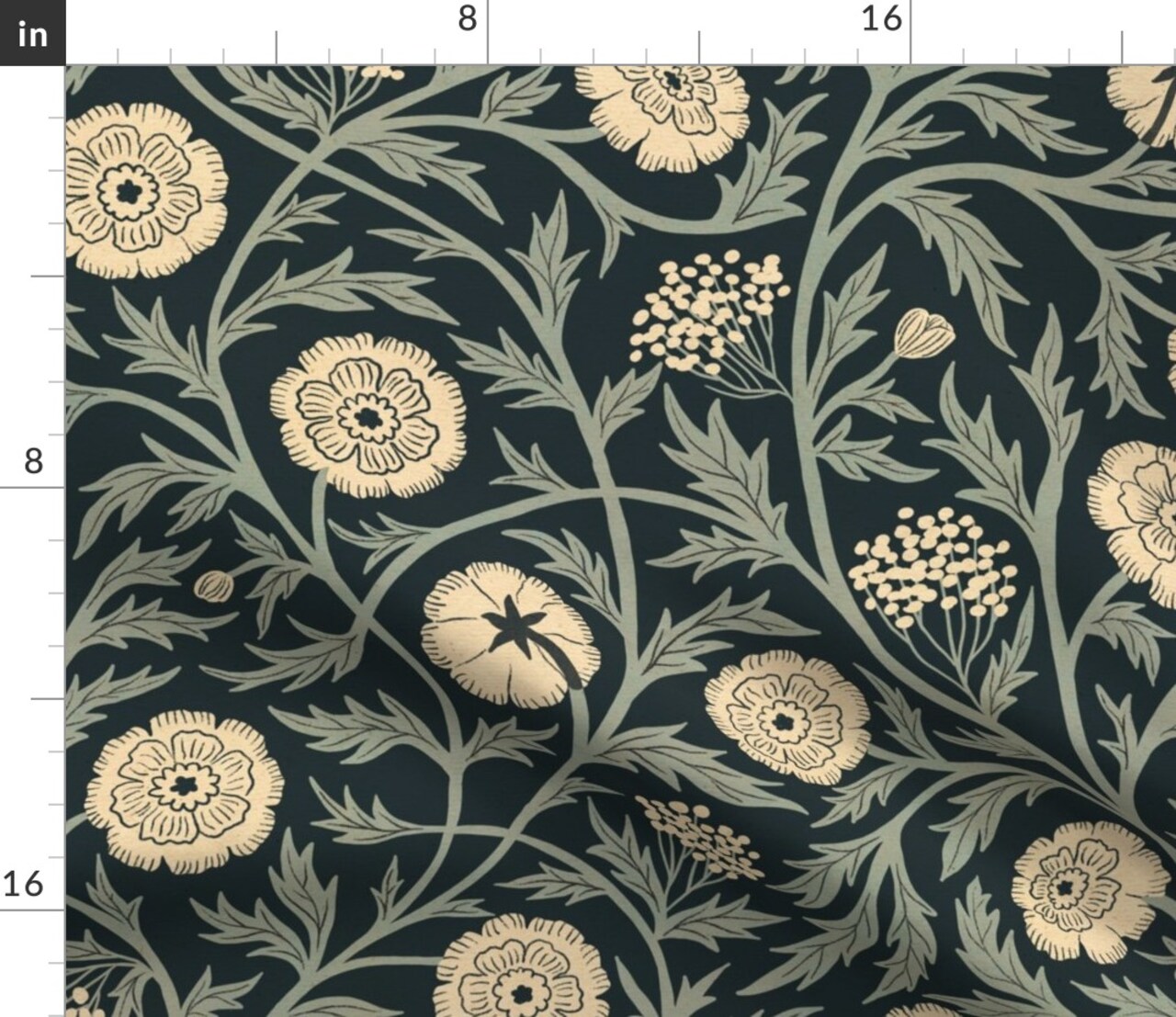 Blue Floral Cream Botanical Traditional Hand Drawn Vines Arts And Crafts Cottagecore Custom Printed Fabric by Spoonflower Various Fabrics by the Yard or Fat Quarter